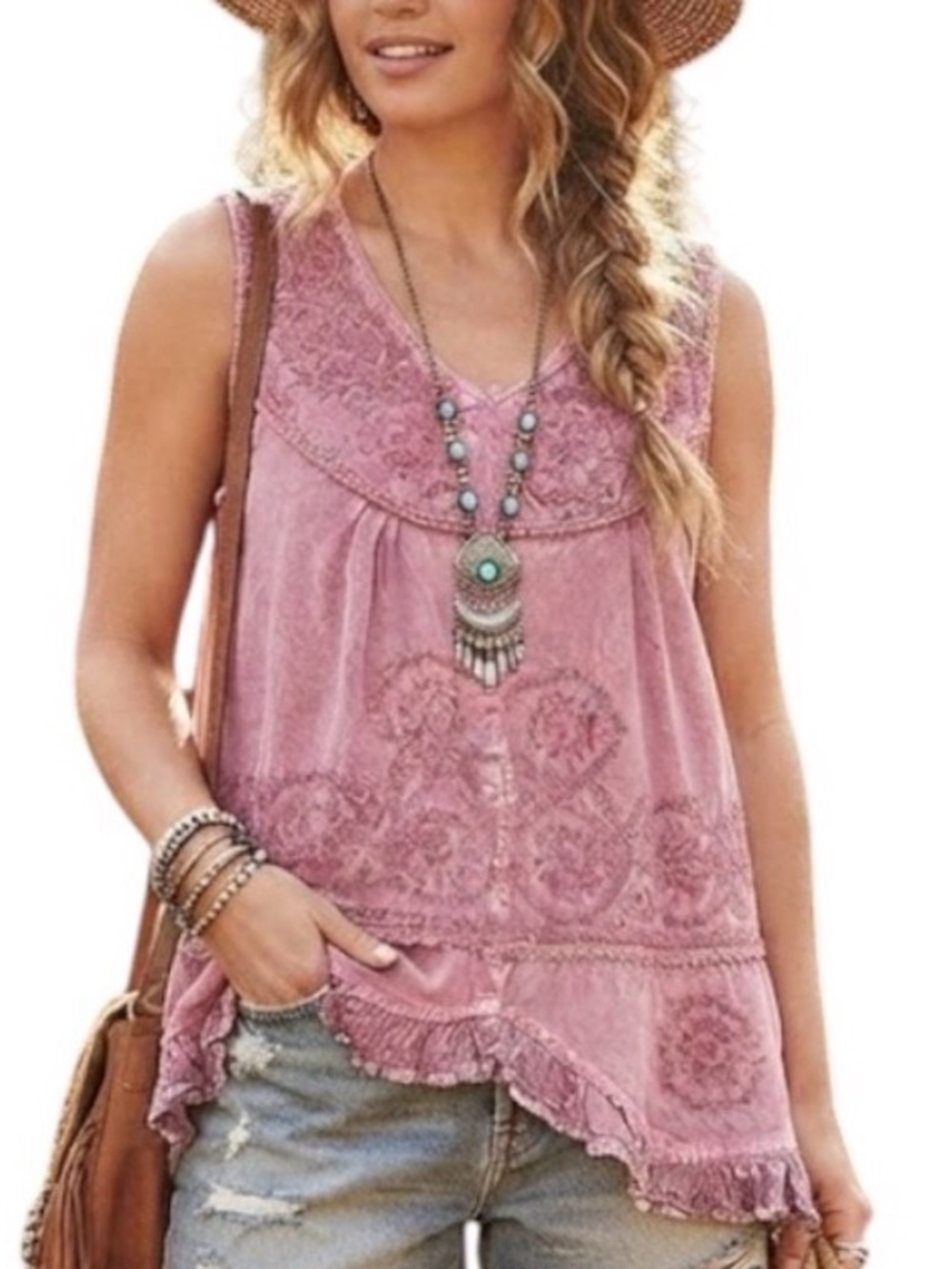 Boho Embroidered V-Neck Sleeveless Tie Waist Blouse Pink Red S Small My Choice
